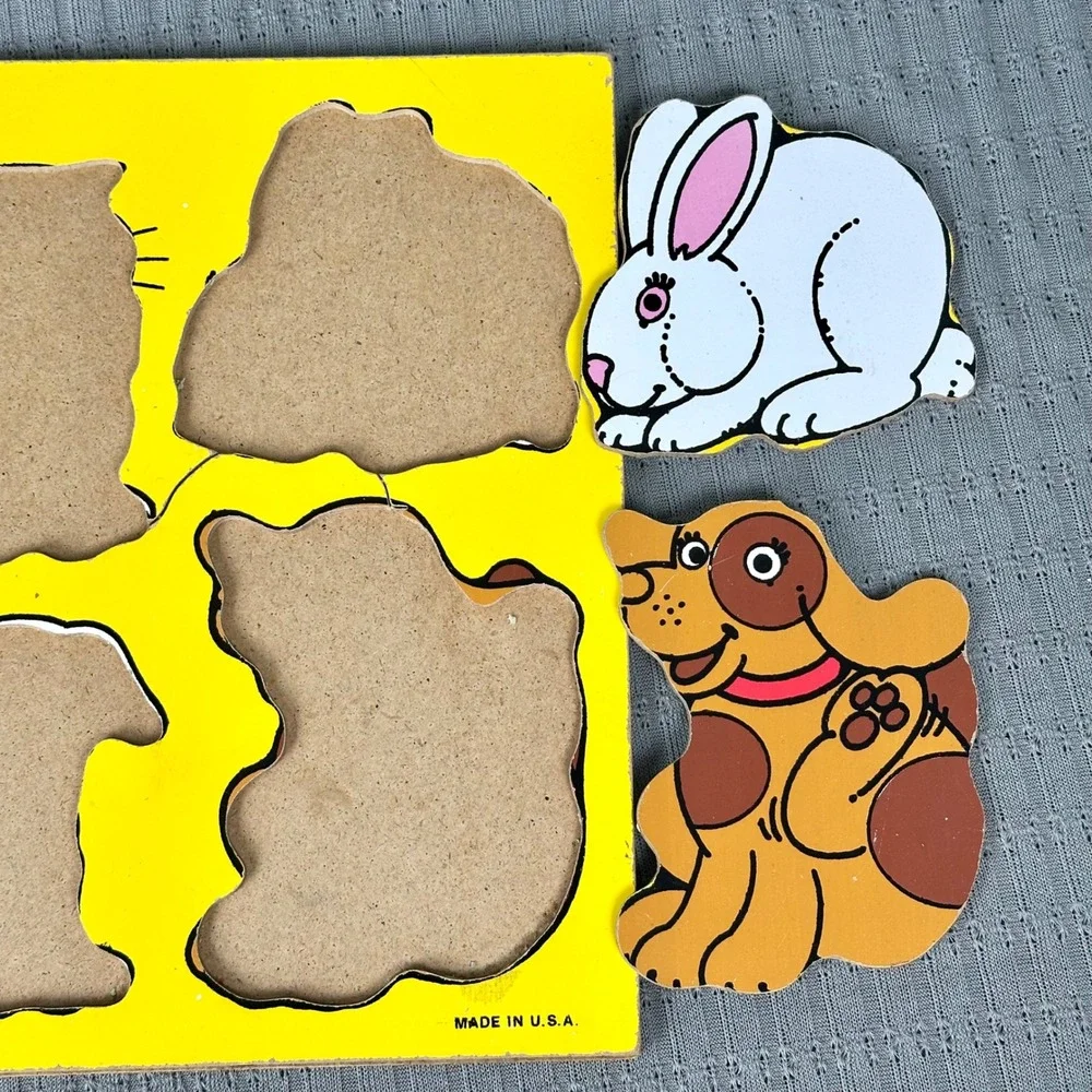 Vintage My Pets Wooden Peg Puzzle 4 Pieces Cat Dog Rabbit Puppy Made in USA